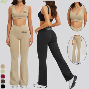 Ensemble de fitness pour femmes, soutien-gorge de yoga, pantalon évasé taille haute, taille plus, vêtements de sport, spandex/nylon, tenue élégante pour l'entraînement au yoga - Product Image 2