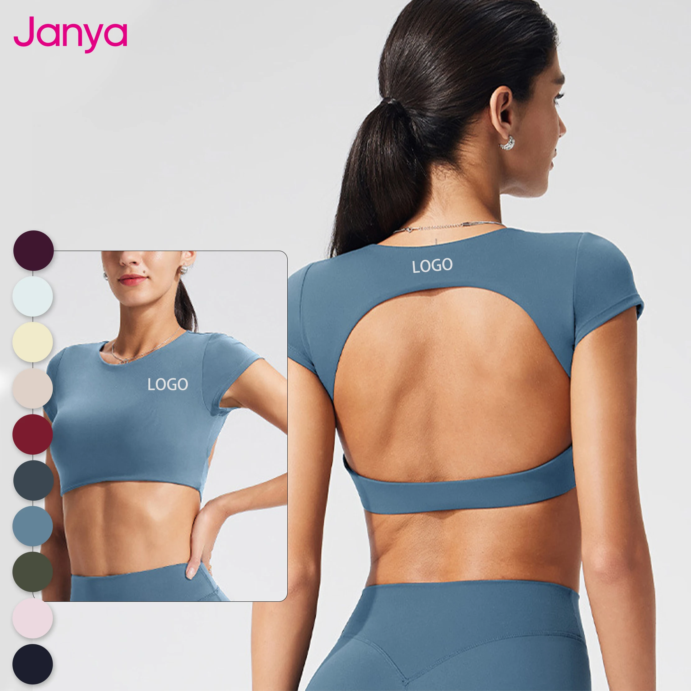 Janya Women Running Sports Tops Gym Clothing Breathable Hollow Out Back Slim Fit Workout T-shirt Short Sleeve Yoga Crop Tops
