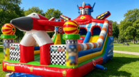 Structure gonflable commerciale combinée avec toboggan, en PVC 0,55 mm, certifiée EN14960, pour location, avec souffleur, installation facile, garantie 3 ans