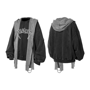 Vintage Washed Two Tone Hoodie Detachable Ripped <b>Scarf</b> Oversized Distressed Raw Edge Pullover Custom Logo Street Sweatshirt - Product Image 1