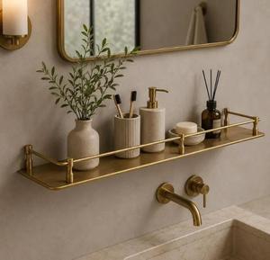 Étagère murale flottante moderne en laiton massif, organisateur de rangement en métal doré fait main pour salle de bain, cuisine, salon et maison - Product Image 1