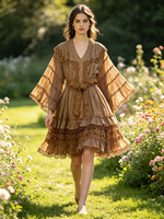 Nouvelle Robe Vintage Printemps-Été 2027 en Chiffon à Col en V, avec Dentelle à Bordure Ondulée, Manches Trompette, Taille Naturelle et Ceinture, pour les Vacances
