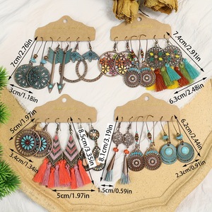 Boucles d'oreilles pendantes géométriques en alliage, style bohème, pour femmes, ensemble de bijoux de fête, plaqué bronze antique - Product Image 4