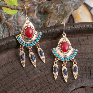Geometric <b>Drop</b> Earrings Women Alloy Antique <b>Bronze</b> Plated Turquoise Red Stone Bohemia Style Fashion Jewelry - Product Image 2