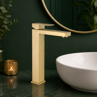 Robinet de lavabo en acier inoxydable 304 brossé doré à poignée unique, colonne carrée, montage sur comptoir, pour salle de bain, qualité supérieure