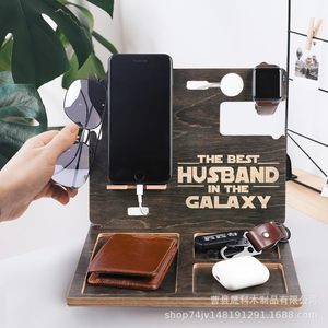 Wooden Phone Docking Station 24x19x20cm <b>Desk</b> Organizer With Wallet Earphone Key Holder For Husband Gift - Product Image 1