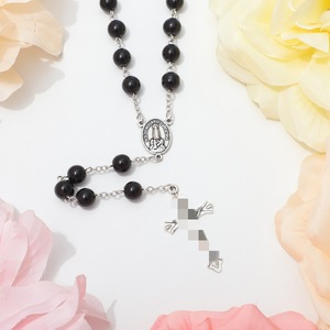 Chapelet religieux en perles de verre noires rondes, collier de prière avec médaille <span class=keywords><strong>Notre</strong></span>-<span class=keywords><strong>Dame</strong></span> de Fatima et crucifix pour la culte - Product Image 6