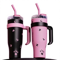 Nouvelle tasse isotherme en acier inoxydable noir et rose pour thé glacé, grande capacité avec poignée et paille, 40 oz, pour voiture