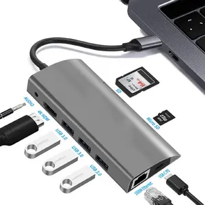 Hub USB type-c 9-en-1, 3.0 Ports USB, haute qualité, lecteur de carte SD, adaptateur multiport, avec espace Portable en aluminium, 3 Ports USB