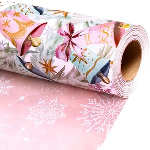 Papier d'emballage de Noël rose, design réversible à clochettes, 17 po x 32,8 pi, pour cadeaux, artisanat, fêtes, recyclable - Product Image 1