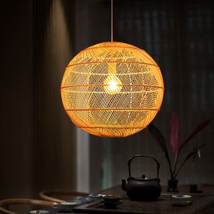 Lustre rond en rotin de style chinois, éclairage LED E27 pour salle de thé, restaurant, hôtel, salle à manger - Product Image 1