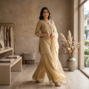 Traje Sharara para Mujer con Trabajo de Lentejuelas, Reversible y Sin Arrugas (Diwali), Material Cosmos y Conjunto con Dupatta - Product Image 1