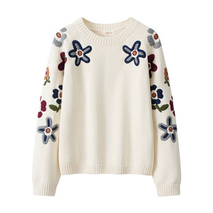 Maglione da <span class=keywords><strong>Donna</strong></span> Personalizzato 2026 con Collo Tondo, 100% Cotone Lavorato a <span class=keywords><strong>Maglia</strong></span>, Ricamo Floreale, Pullover Autunno Inverno OEM - Product Image 1