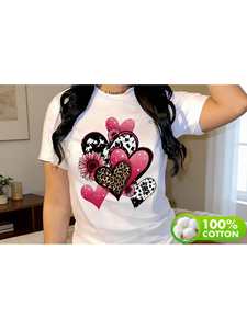 T-Shirt Casual da Donna con Stampa a Cuore, Manica Corta, Collo Tondo, 100% Cotone Jersey, Comoda, Stile Primavera-Estate - Product Image 3
