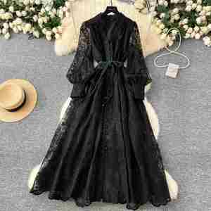 Vestido Midi de Mujer con Cuello V Romano Vintage, Tejido Sólido Ecológico, Transpirable, Corte A, Manga Linterna, Estilo Túnica Casual, Colección Primavera 2025 - Product Image 3