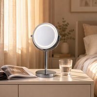 Miroir de maquillage grossissant double face avec éclairage LED personnalisé, finition chromée, design de bureau durable, rotation à 360°