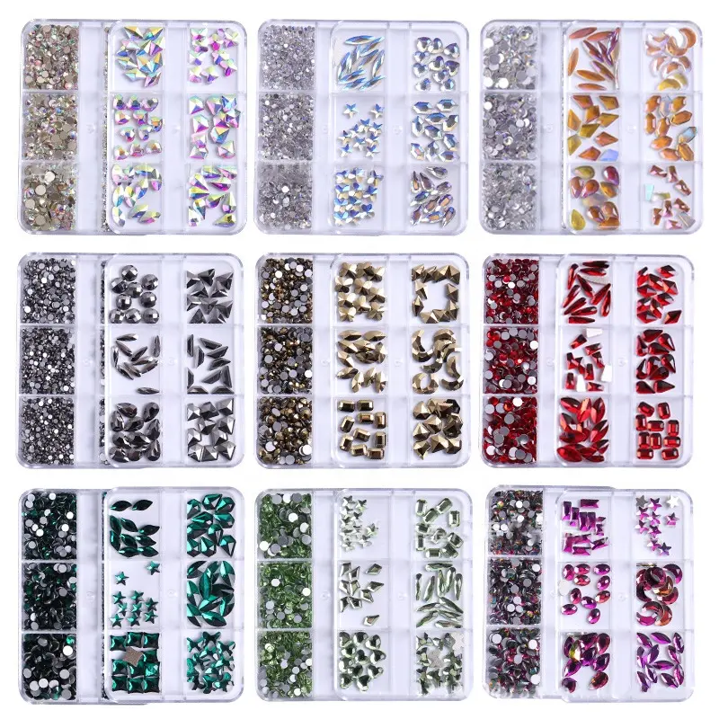 Pierres précieuses en cristal à paillettes, 6 grilles, accessoires de décoration, pièces de charme, dos plat 3D, Nail Art, strass