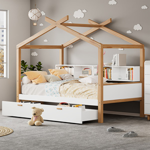 เตียงบ้านไม้สีขาวพร้อมลิ้นชักและชั้นวางหนังสือสำหรับห้องนอนเด็ก - Product Image 1