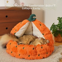 Lit pour animaux de compagnie en tissu douillet et mignon en forme de citrouille tridimensionnelle ; Lit pour chat et niche pour chien semi-fermés et chauds pour l'hiver