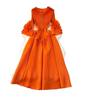 Vestido midi casual de fiesta con botones, bordado, cuello cerrado, manga larga, talla grande, tejido liso, primavera-verano - Product Image 1