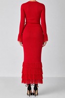 Ensemble deux pièces en tricot côtelé pour femme, personnalisé OEM & ODM, manches longues, col rond, automne-hiver, Noël, polyester rouge doux, Conjuntos