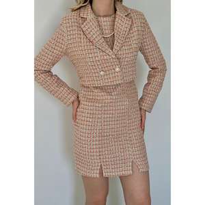 Elegante Conjunto de Traje de Tweed para Mujer, Chaqueta y Vestido de Mezcla de Lana y Poliéster Naranja con Cinturón, Talla M, Anti-Pilling - Product Image 2
