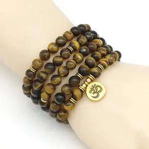 8Mm Matte Amazoniet Steen Tijgeroog Kralen Met Lotus Om Bedels Armband 108 Mala Kralen Meerlaagse Armband Yoga Sieraden