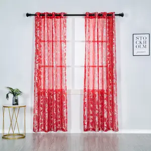 Tela de cortina transparente para dormitorio, tela india, estampada, flora, plata metálica