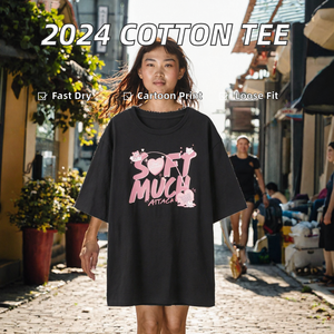 เสื้อยืดผู้หญิงสีดำขนาดใหญ่พิเศษ พิมพ์ลายการ์ตูนตัวอักษร ผ้าฝ้าย เสื้อยืดลำลอง สตรีทแวร์ฤดูร้อน - Product Image 2