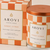 Bougie en pot à carreaux orange Arovi-Wholesale 200g, bougie en cire de soja aux agrumes avec couvercle en cuivre, boîte personnalisée pour marques à étiquette privée