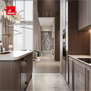 Armoires de cuisine Alland sophistiquées et modernes en teck foncé, peintes mat, style Shaker, avec comptoir en marbre - Product Image 3