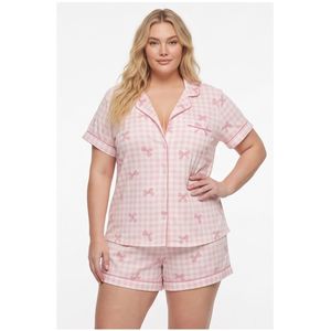 Ensemble de pyjama pour femmes, imprimé nœud rose, manches courtes, coton, boutonné, short, 2 pièces - Product Image 3
