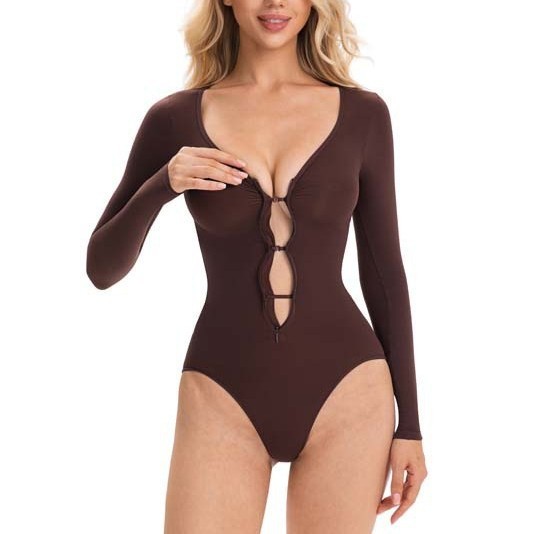 Zipper-Front Non-Slip Shapewear Bodysuit: side profile showing zones and edge stability