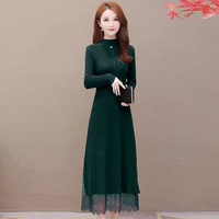 Huachao Top moda mujer manga larga Slim Fit suéter de punto otoño falda de encaje vestido con cintura Natural colección de diseñador