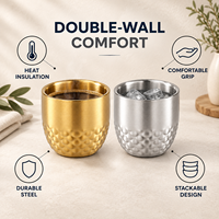 Vente en gros de tasses à saké en acier inoxydable à double paroi martelé de 100 ml, or et argent, pour la dégustation, pour restaurants, hôtels, bars