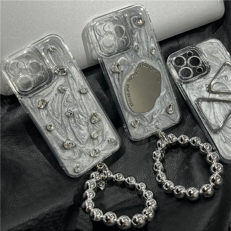Schlussverkauf hochwertiger Zementgrau-Spiegel-Druppelfleber Wasser-Diamant-Handkette Telefonhülle für iPhone 15 Pro Max 14 Plus 13 12 11 Pro