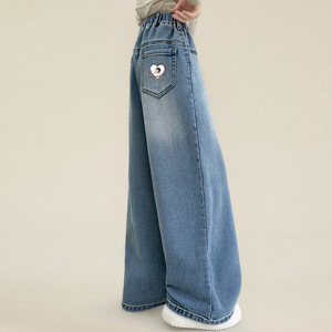 Pantalones <span class=keywords><strong>Vaqueros</strong></span> de Mezclilla para Niñas, con Cuentas y Estampado, Mezcla de Algodón y Poliéster, Transpirables, Color Personalizado, Pierna Recta, Pierna Ancha, Casuales, Elegantes para Salir - Product Image 3