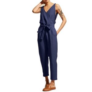 Nouvelle collection printemps : Combinaison femme grande taille en lin et coton, col en V, ceinturée, sans manches, unie, style cache-cœur, vêtements de mode pour femmes - Product Image 3