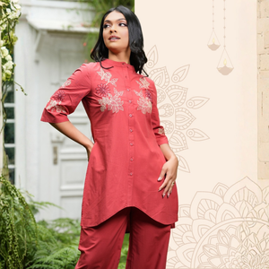 Excellent Quality Bulk Button-<b>Down</b> Embroidery Asymmetrical Kurta Top and <b>Pant</b> Set - Product Image 6