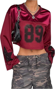 GORGLITTER T-shirt court à manches longues et col en V pour <span class=keywords><strong>femme</strong></span>, motif graphique numéro Y2K années 90, coupe cloche - Product Image 3