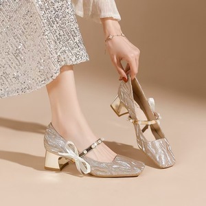 Chaussures de mariage pour femmes, talons hauts pour dames, sandales d'été à talons pour mariée, décoration de nœud pour robe de mariée, perle 5CM - Product Image 1