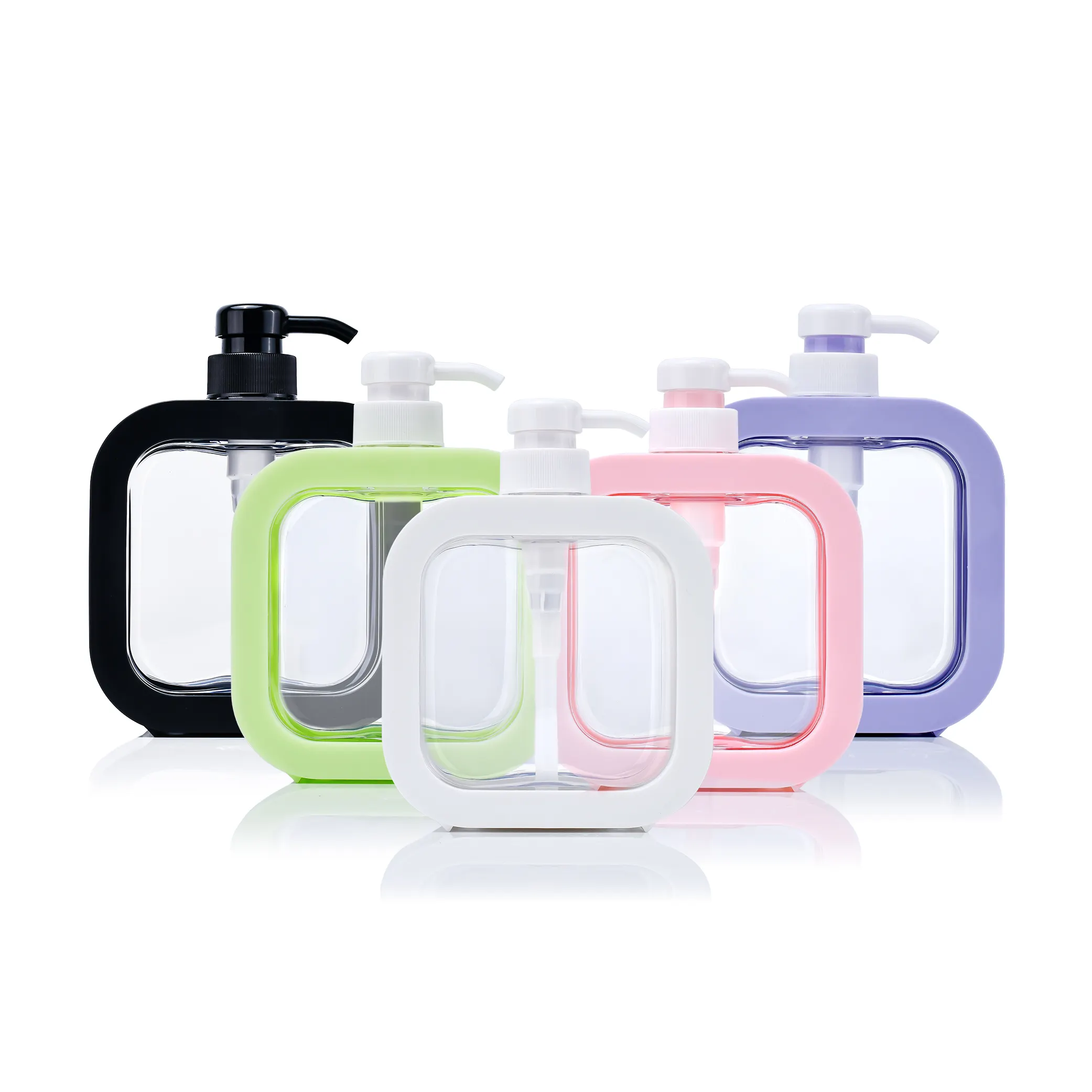 Nova loção corporal de plástico recarregável quadrada plana colorida para lavar as mãos, garrafa com dispensador, 10 onças, 300 ml e 500 ml