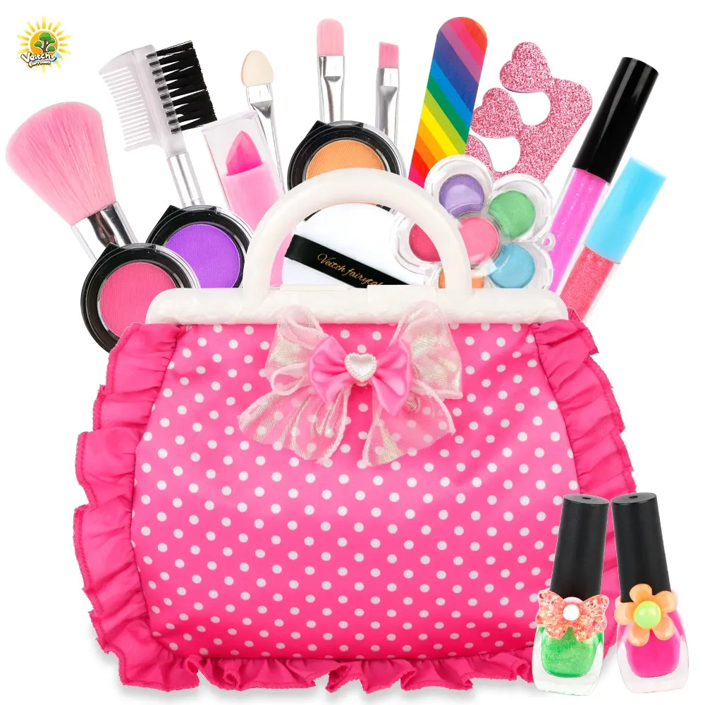 Veitch kit de ferramentas de maquiagem infantil, pincéis para sombra, batom em pó e esmalte para unhas, conjunto de brinquedos de maquiagem para meninas