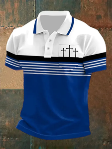 Polo Premium para Hombre, Diseño de Cruces Cristianas, Transpirable, Tela Suave, Bloques de Color, Rayas, Manga Corta, para Golf - Product Image 5