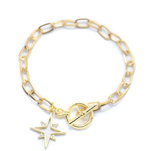 เครื่องประดับแฟชั่นสร้อยข้อมือโซ่คาราบิเนอร์ชุบทอง18K พร้อมจี้รูปหกเหลี่ยมพร้อมส่ง - Product Image 2