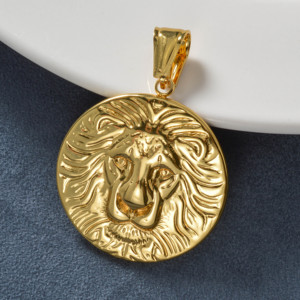 Pendentif Collier Homme Tête de Lion Rond Personnalisable en Acier Inoxydable 316L Plaqué Or 18K avec Chaîne Épaisse Torsadée - Product Image 4