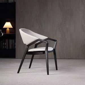 Fauteuil décontracté en cuir véritable, design minimaliste en bois massif, chaise de salon - Product Image 2