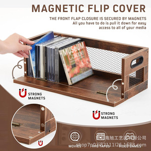 Wooden Record Storage Basket With Handle Rectangle <b>Shelf</b> For Vinyl Cd Dvd <b>Desktop</b> Organization - Product Image 5