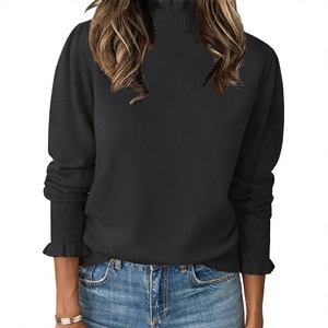 Pull col roulé personnalisé pour femme, couleur unie, tricot côtelé, manches longues, anti-boulochage, coupe oversize, décontracté, pour l'automne - Product Image 1