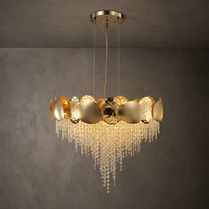 Round Gold Hammered Metal Crystal Chandelier Waterfall Crystal Pendant <b>Light</b> For Living Room Villa Interior <b>Decoration</b> - Product Image 2